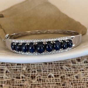 Diamond & Sapphire Bangle Bracelet Sterling Silver 8g Thailand